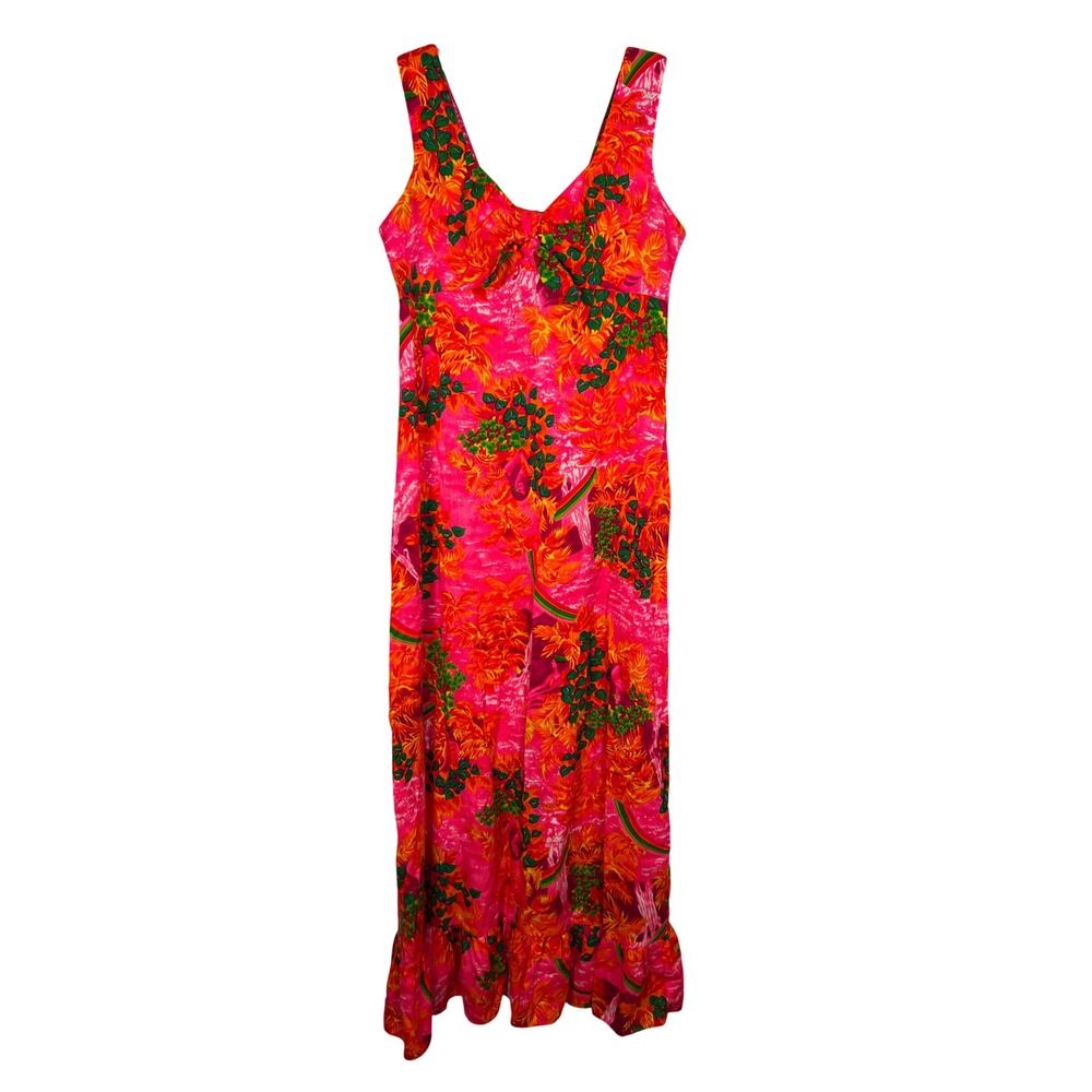 Vintage Pomare Honolulu Hawaii Pink Orange Colorful Tiki Maxi Dress Ruffle Hem